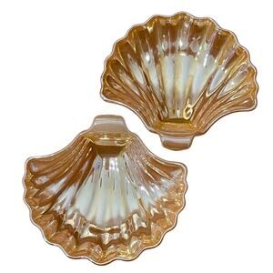 Vintage 1960's Peach Lusterware Shell Shaped Bowl Trinket Candy Dish Set of Two